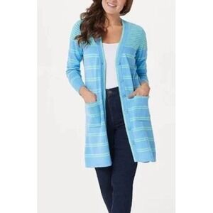 NWOT Isaac Mizrahi Live 3X Periwinkle Long Striped Cardigan Cotton Blend Pockets